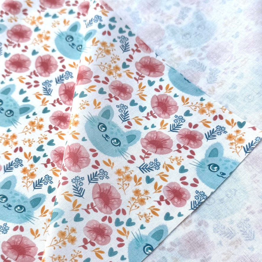Coupon 50 cm - Coton Numérique Exclusif LPQC / Chat Bleu-Rose