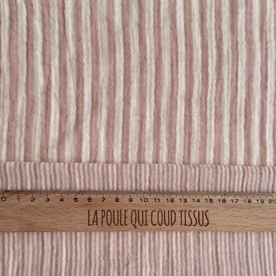 Coupon 60 cm - Double Gaze Double Face Stripes / Vieux Rose -Blanc Cassé