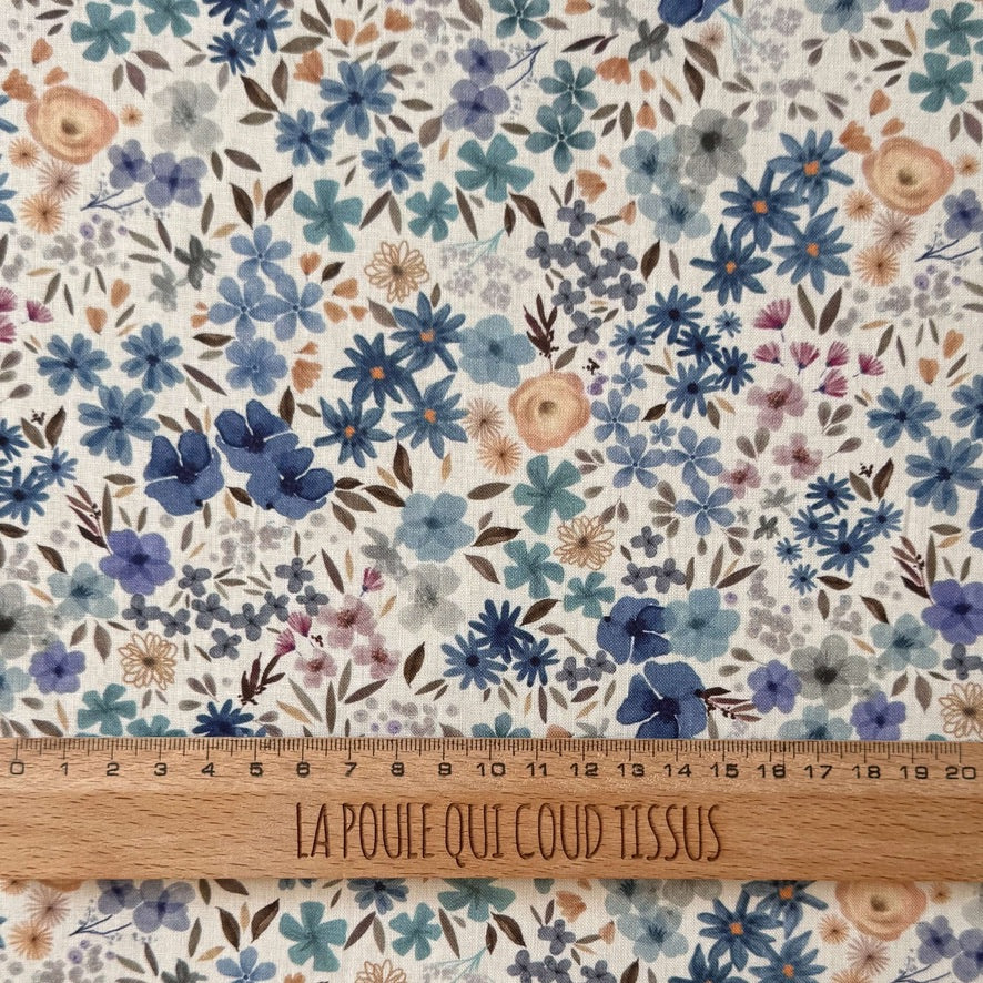 Coupon 80 cm - Coton à Impression Numérique / Romane Blanc-Bleu