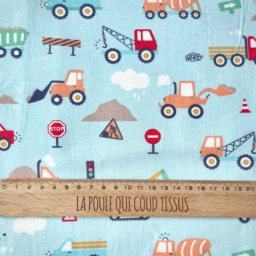 Coupon 1 Mètre - Coton Imprimé / Camions Bleu
