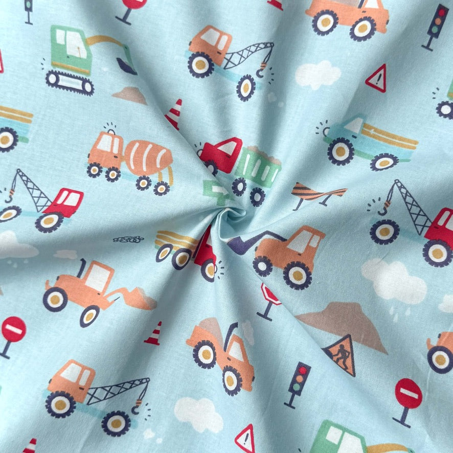 Coupon 1 Mètre - Coton Imprimé / Camions Bleu