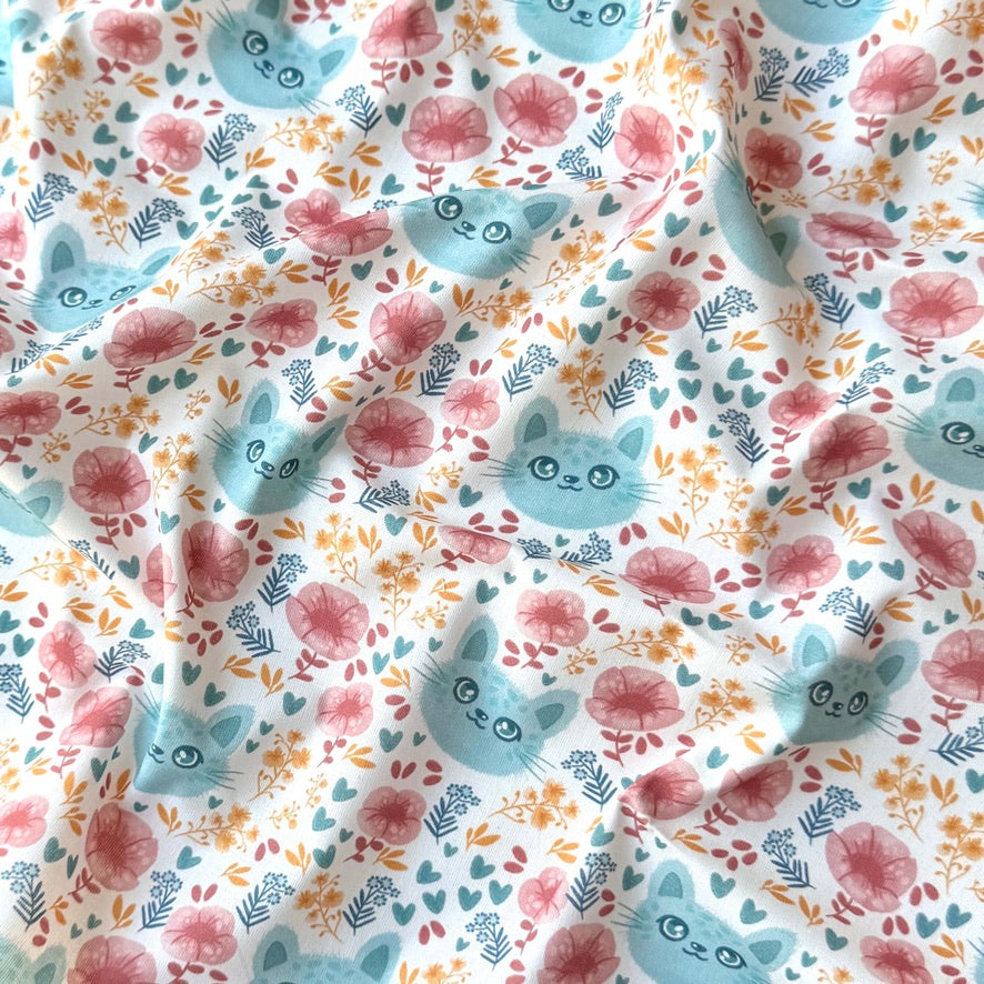 Coupon 50 cm - Coton Numérique Exclusif LPQC / Chat Bleu-Rose