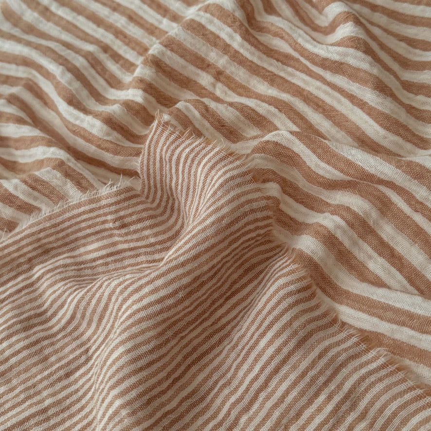 Coupon 1 Mètre - Double Gaze Double Face Stripes / Caramel-Blanc Cassé