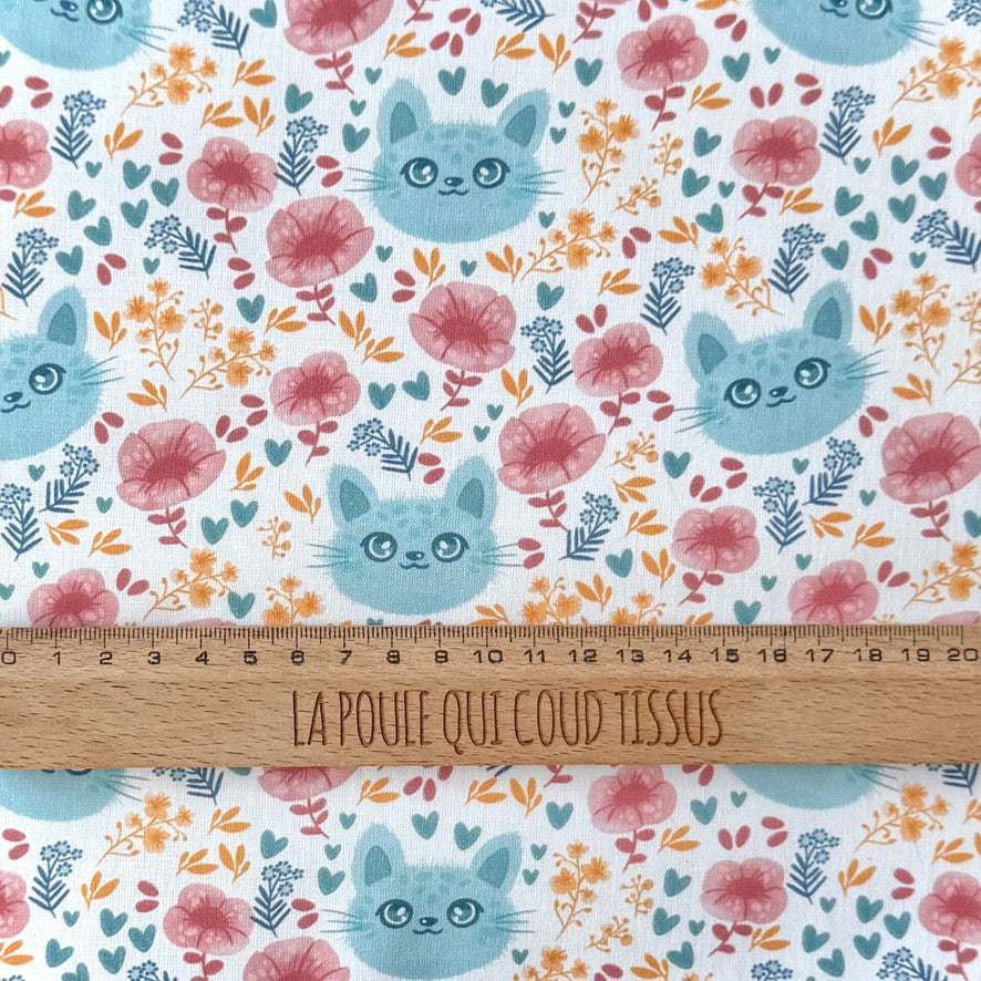 Coupon 50 cm - Coton Numérique Exclusif LPQC / Chat Bleu-Rose