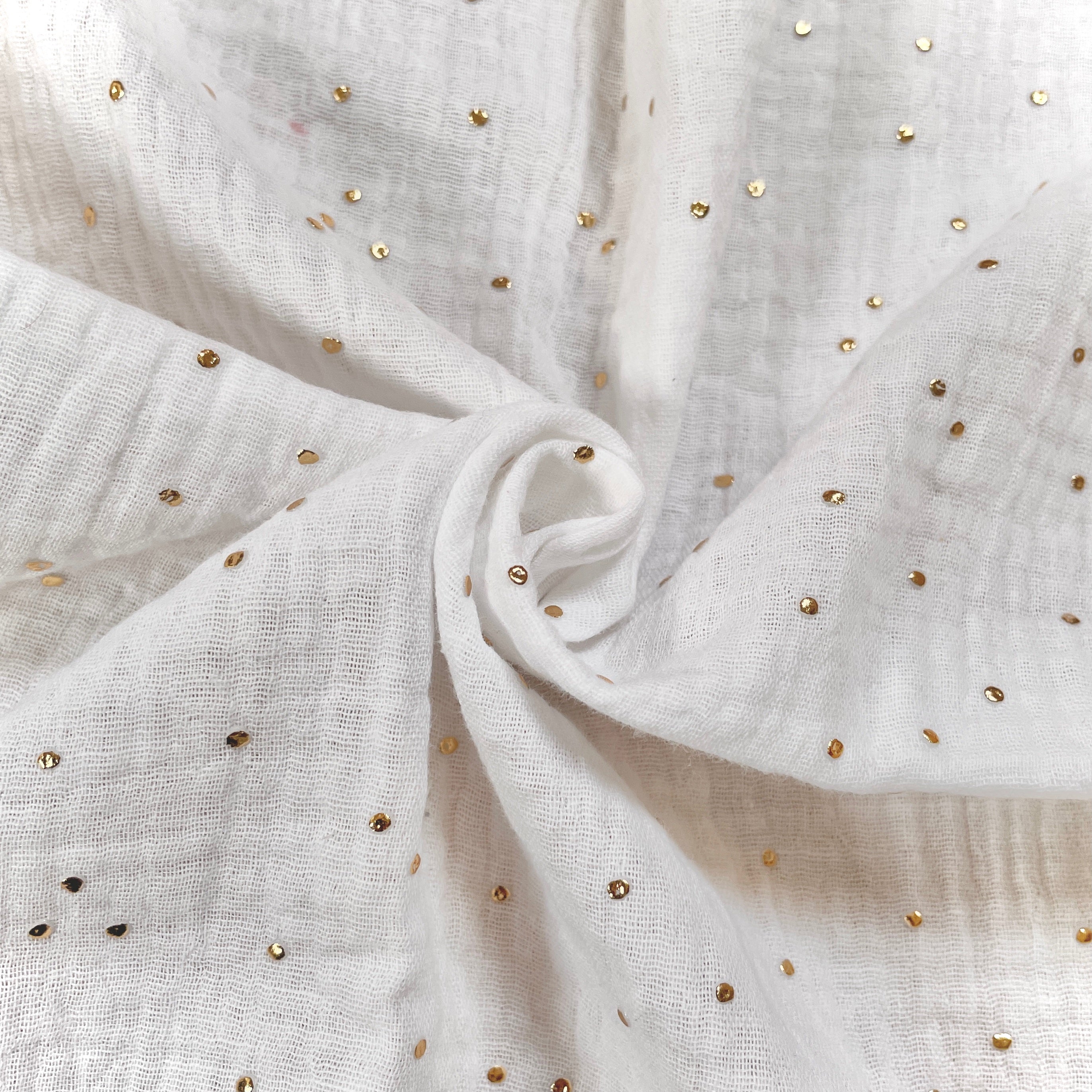 Coupon 70 cm - Double Gaze à Pois Dorés / Blanc