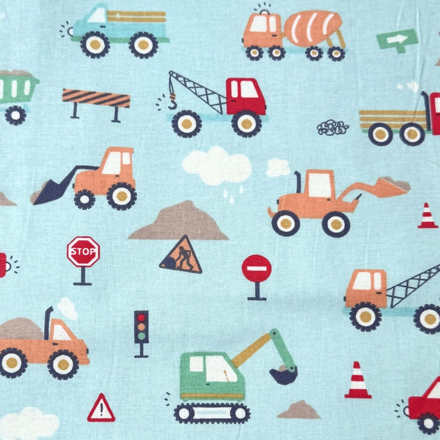 Coupon 1 Mètre - Coton Imprimé / Camions Bleu