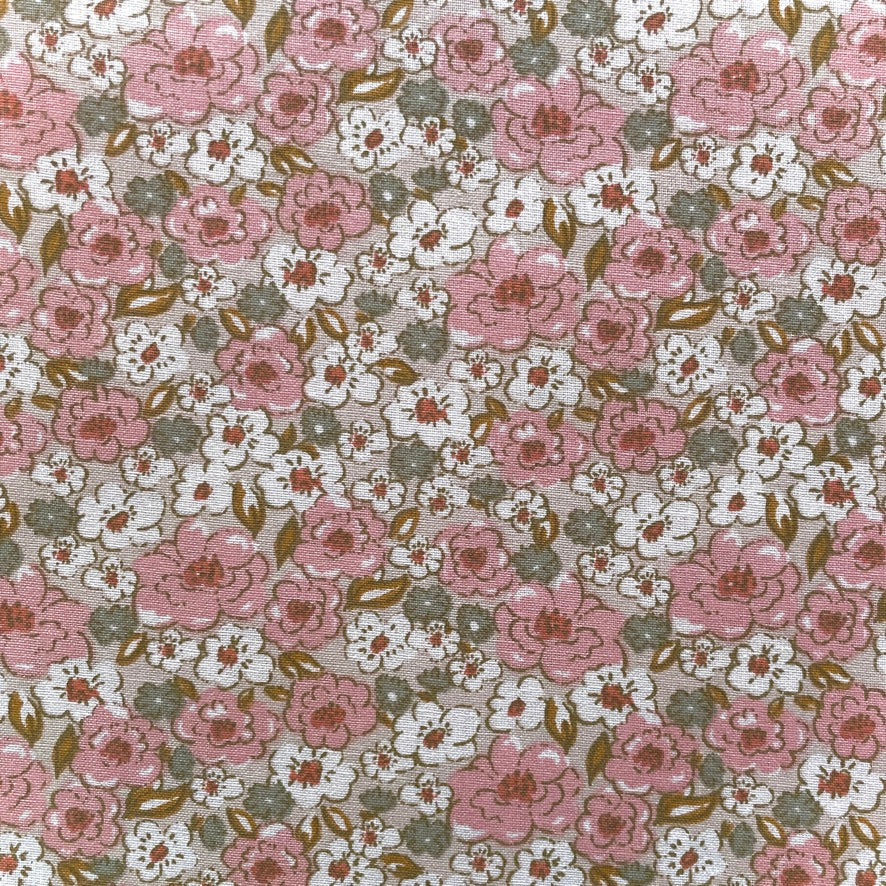 Coupon 50 cm - Coton Imprimé / Kalmia Beige- Rose Thé