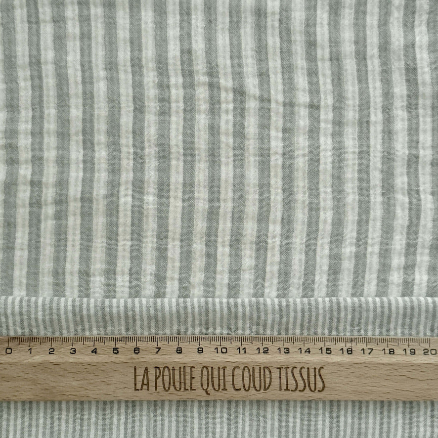 Coupon 90 cm - Double Gaze Double Face Stripes / Vert de Gris -Blanc Cassé