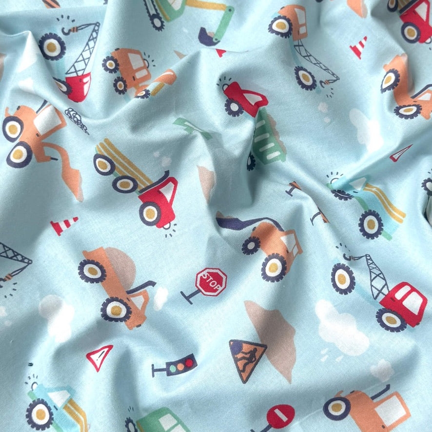 Coupon 1 Mètre - Coton Imprimé / Camions Bleu