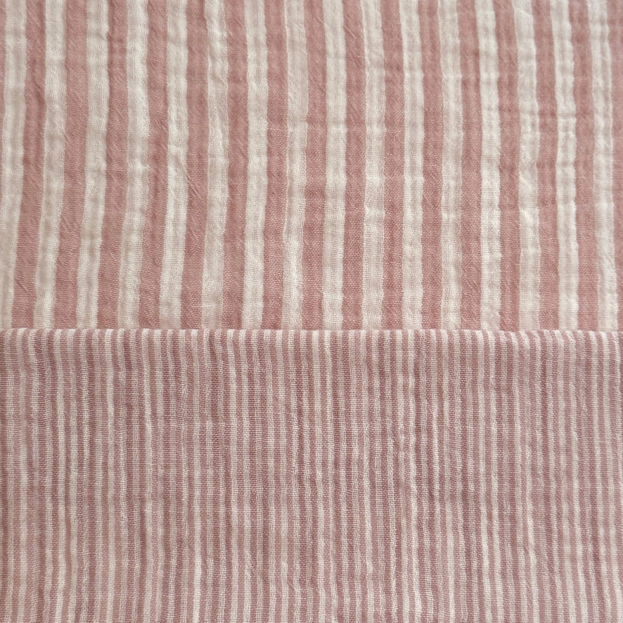 Coupon 60 cm - Double Gaze Double Face Stripes / Vieux Rose -Blanc Cassé