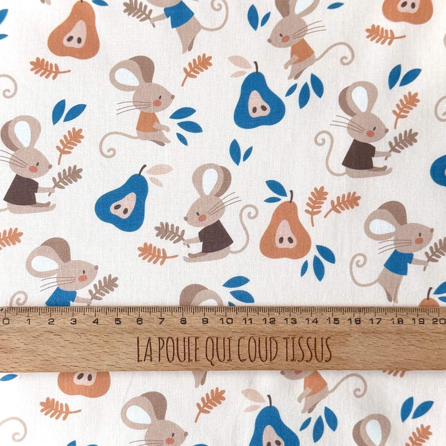 Coupon 50 cm - Coton Numérique Exclusif LPQC / Souris Ecru-Bleu