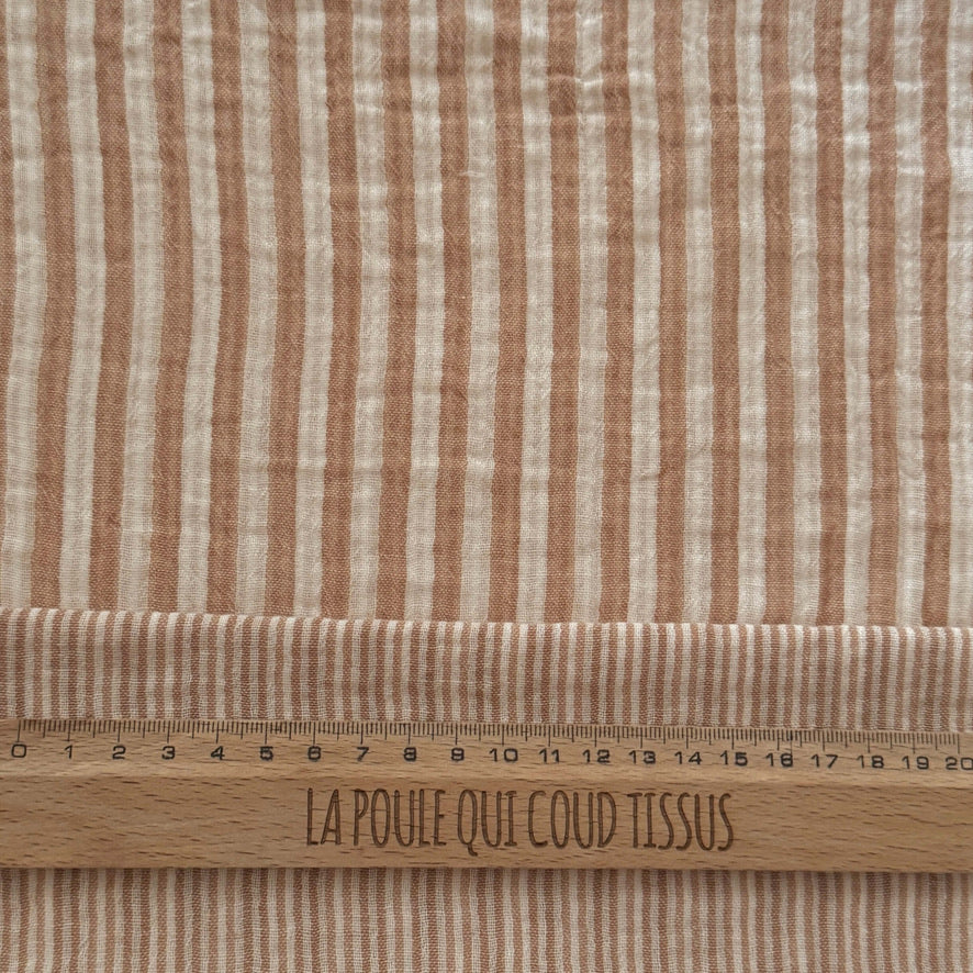 Coupon 1 Mètre - Double Gaze Double Face Stripes / Caramel-Blanc Cassé