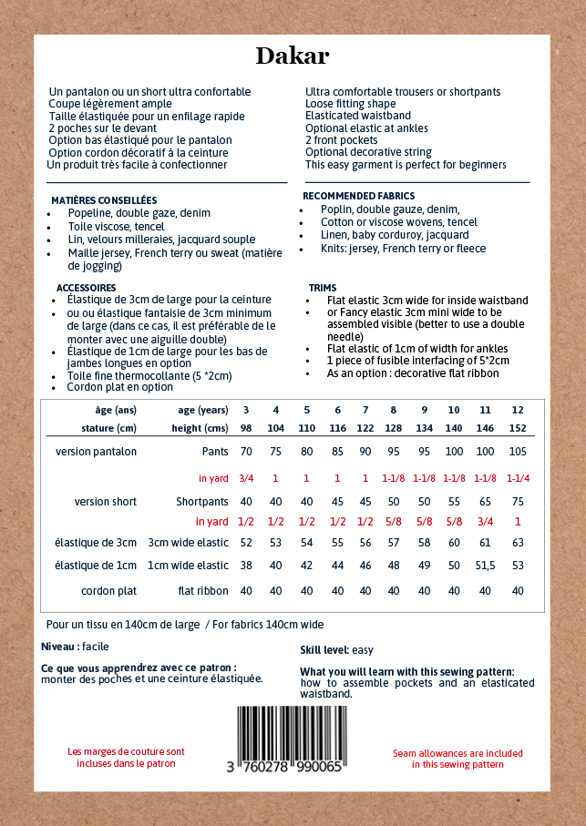 Patron de Couture - Ikatee / Pantalon & Short Enfant DAKAR
