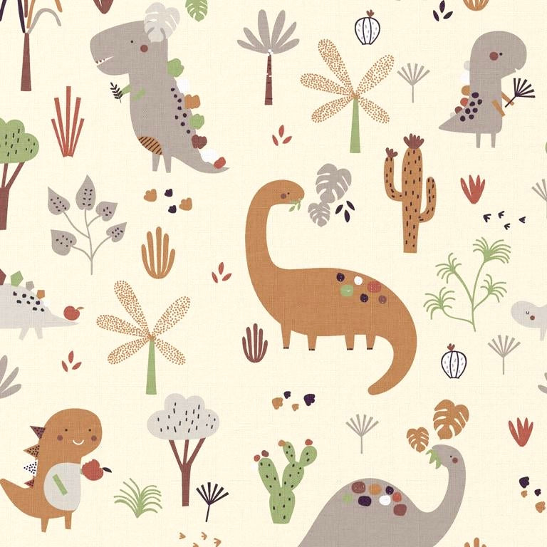 Algodón estampado / Dracorex Dinosaurios Crudo - Bosque