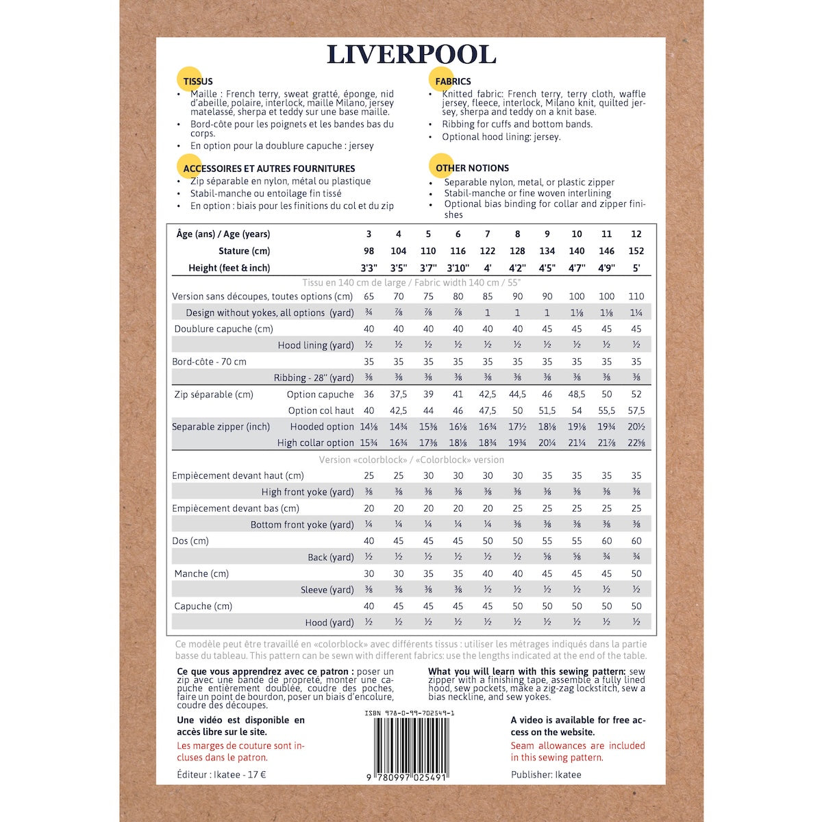 Patron de Couture - Ikatee / Sweat zippé Enfant LIVERPOOL