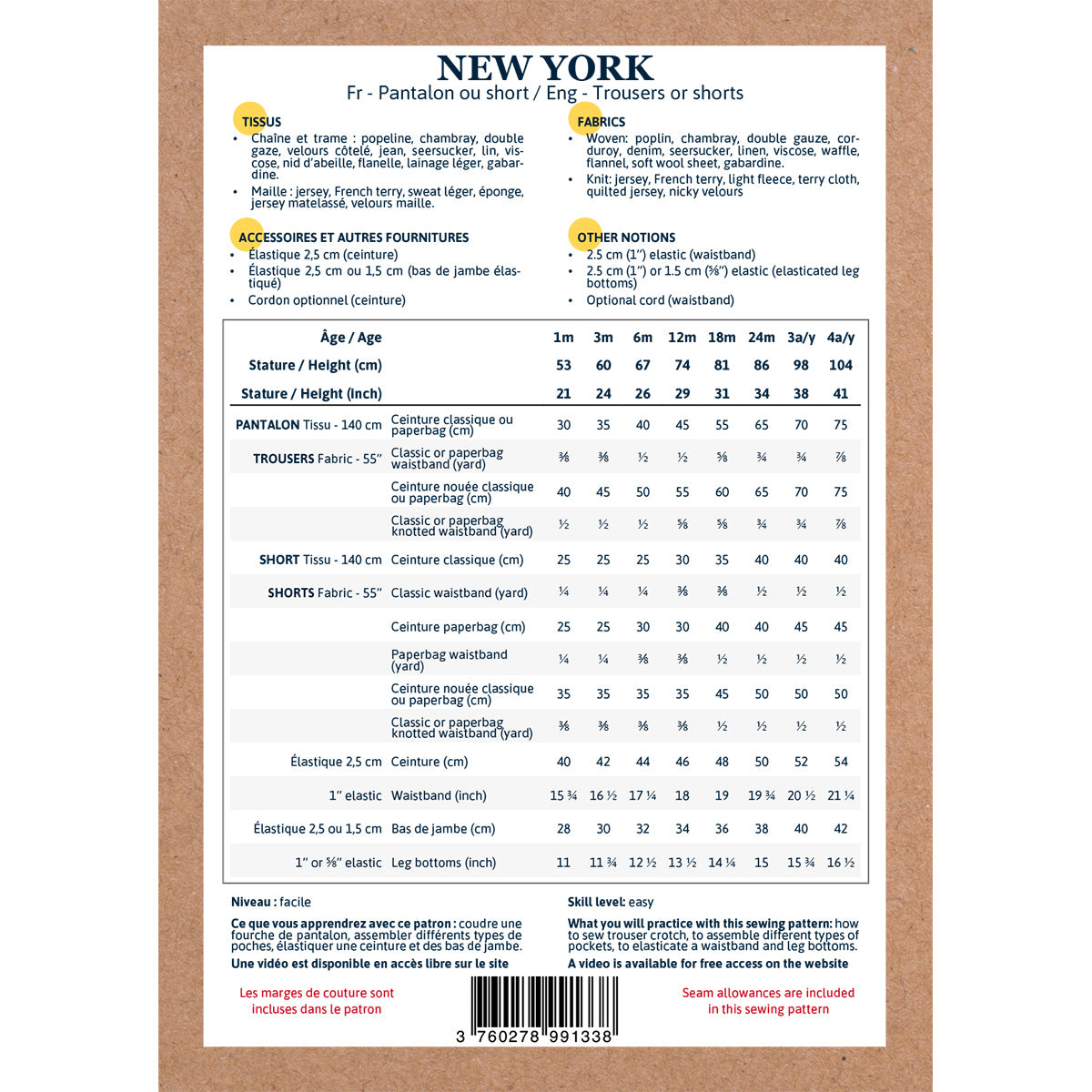 Patron de Couture - Ikatee / Pantolon & Short Bébé NEW YORK